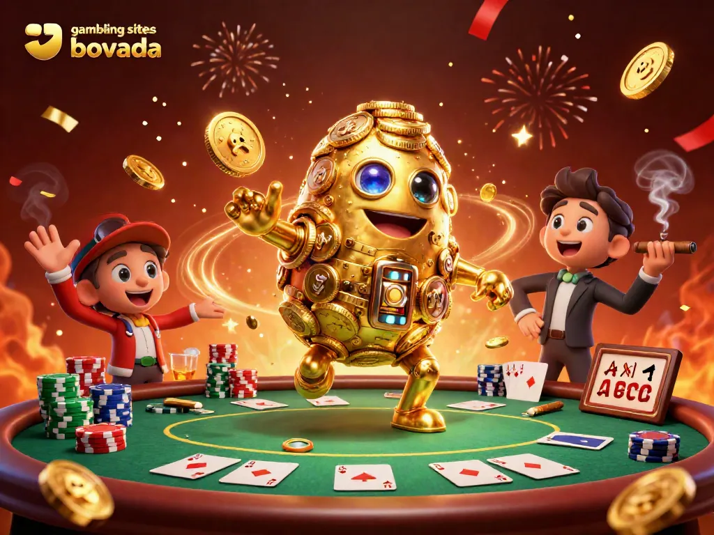 Experience thrilling action at gambling sites like Bovada, featuring a golden golem and poker table.