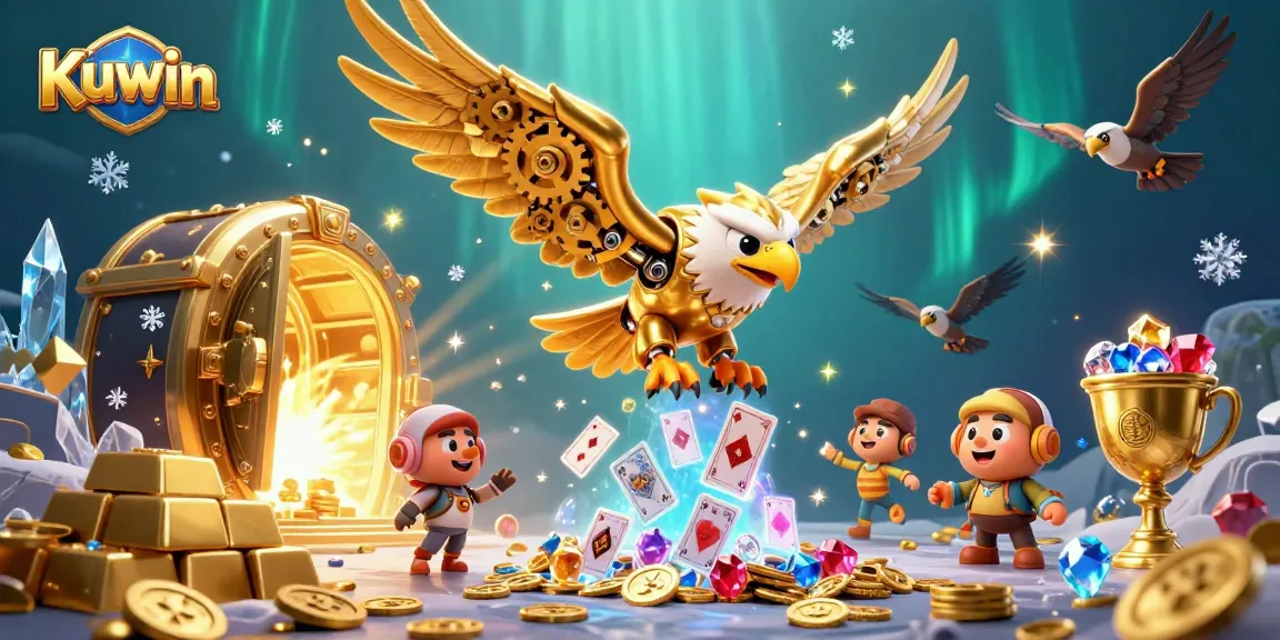 Kuwin's golden eagle navigating holographic cards, surrounded by treasures in a vibrant casino scene.
