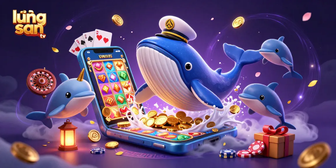 Lương sơn tv showcases a giant 3D whale amid a vibrant casino scene engaging in thrilling gambling adventures.