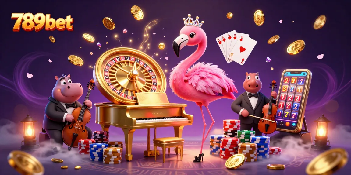 Experience the excitement of 789bet with a flamingo lounge singer, hippo bassist, and vibrant casino elements.