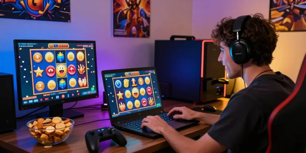 Player celebrating a win on a slot gacor game at home with vibrant graphics.