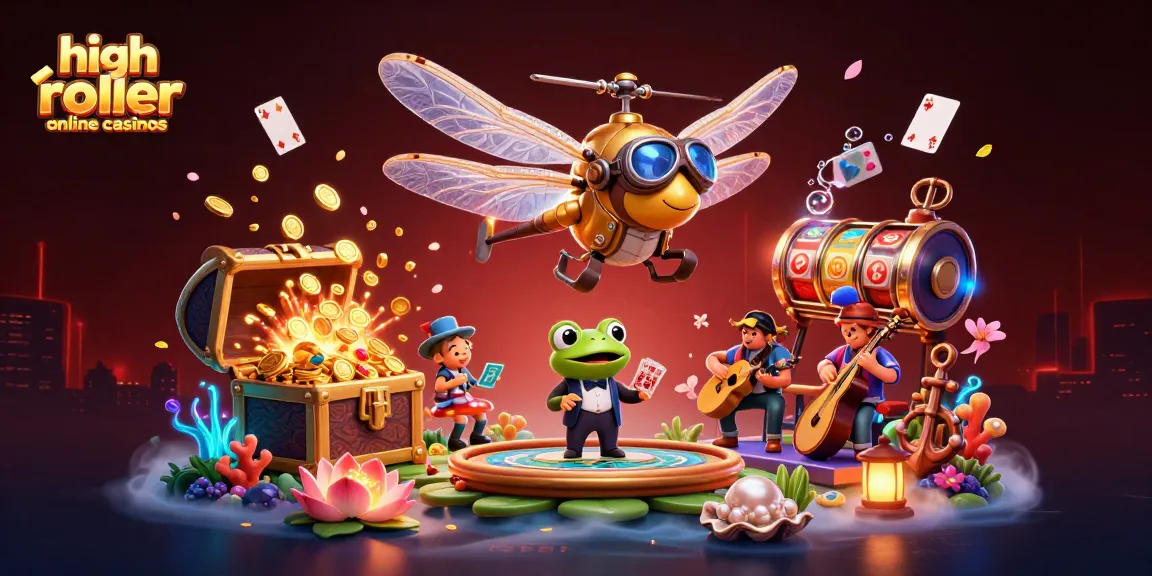 Engage with high roller online casinos as a dragonfly pilot hovers over a lily pad casino.