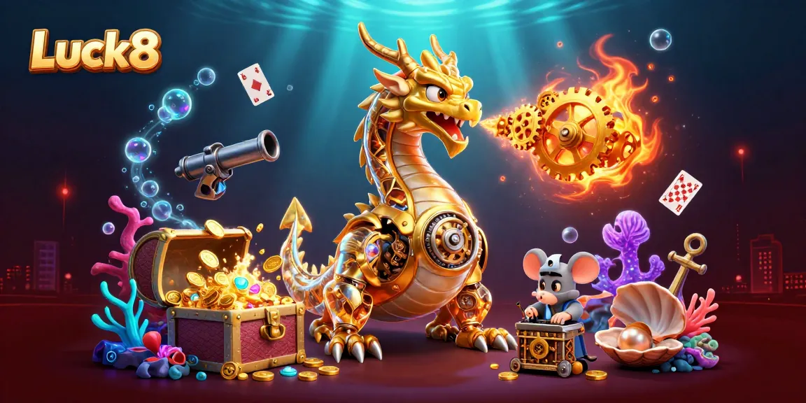 Immerse in Luck8's gaming world with a vibrant dragon and rich treasures.