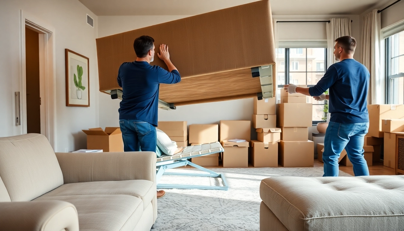 Clean Cut Movers NYC professionals relocating furniture in a bright NYC apartment.