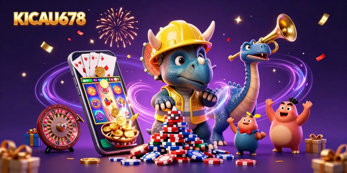 KICAU678 celebrates with a triceratops building poker chips, surrounded by slots and confetti.