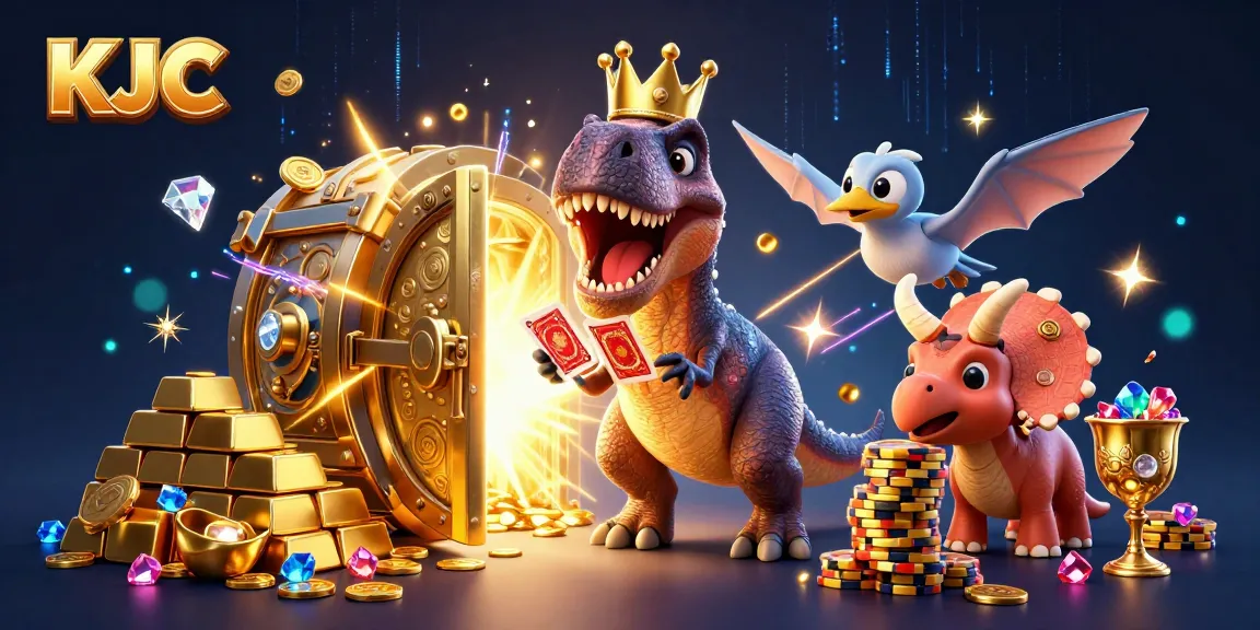KJC offers players a thrilling card shuffling experience featuring a T-Rex and friends in a vivid casino scene.