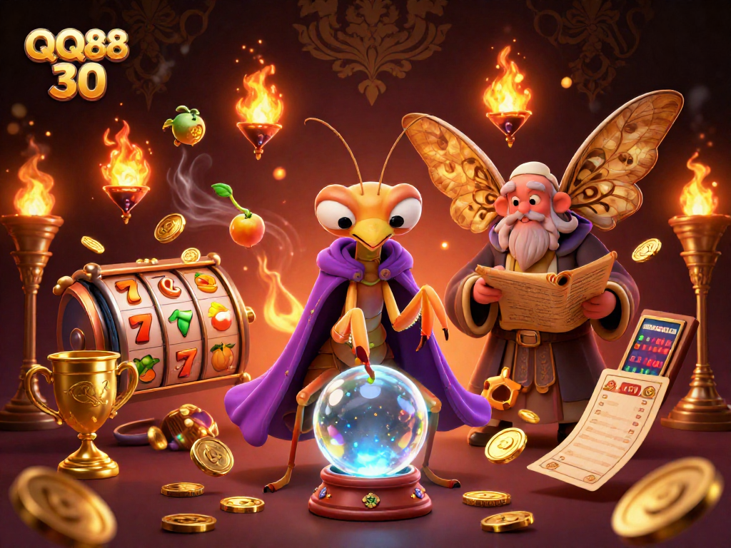 Join the excitement at QQ88 30 with a vibrant casino scene featuring engaging slot game elements and mystical characters.
