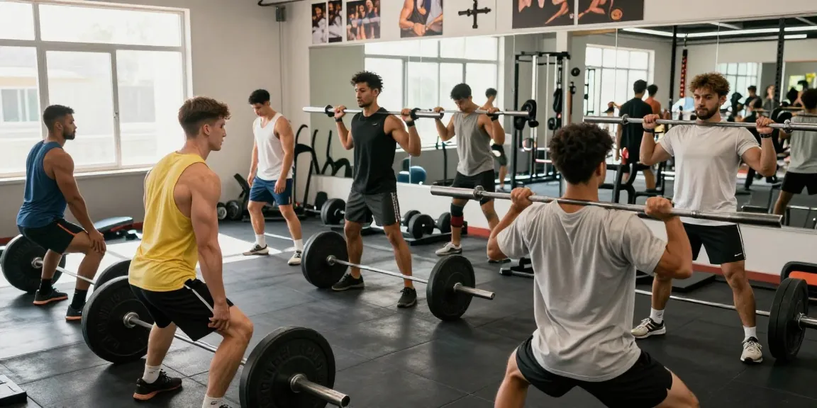 Men's gym clothes showcased in a vibrant gym scene with athletes lifting weights.