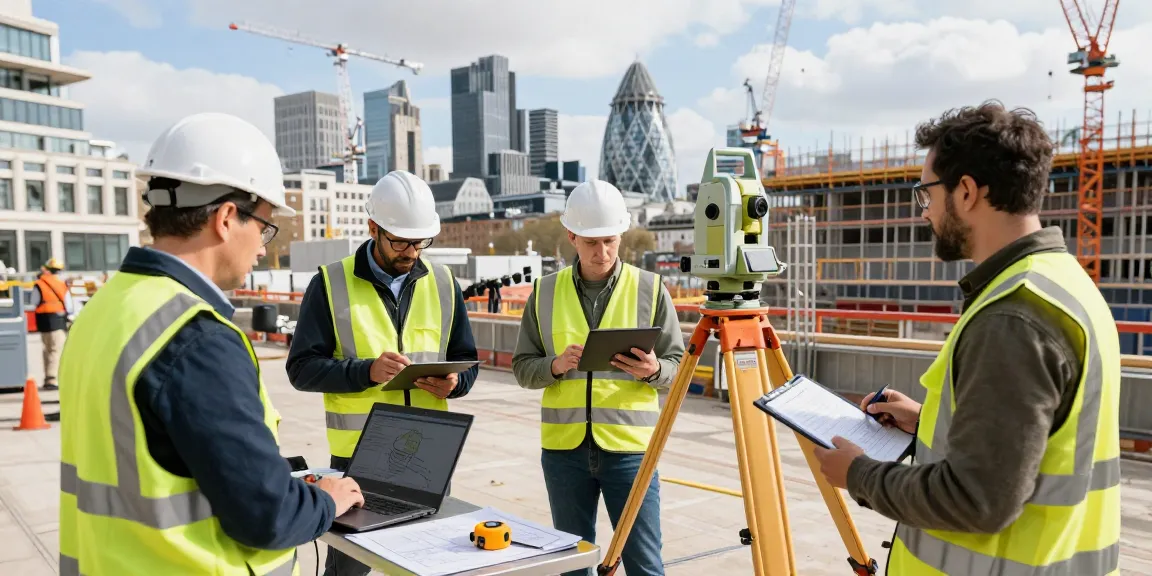 Topographical surveys London & Surrey being conducted by professional surveyors at a construction site, showcasing advanced equipment and urban landscape.