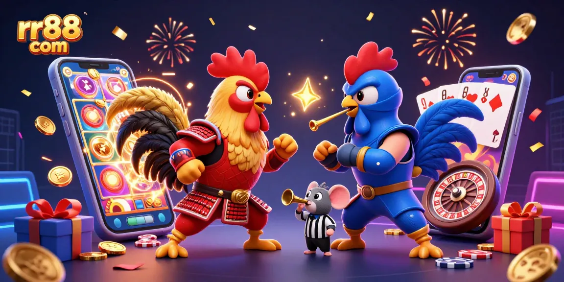 Engage in thrilling action at rr88 com with cartoon roosters, slot games, and casino elements!