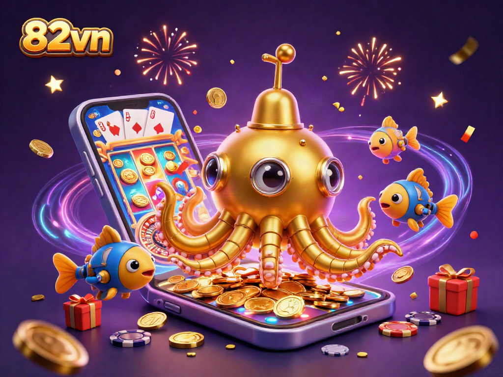 Engage with 82vn's 3D kraken submarine amidst golden coins, showcasing thrilling slot games and casino fun.