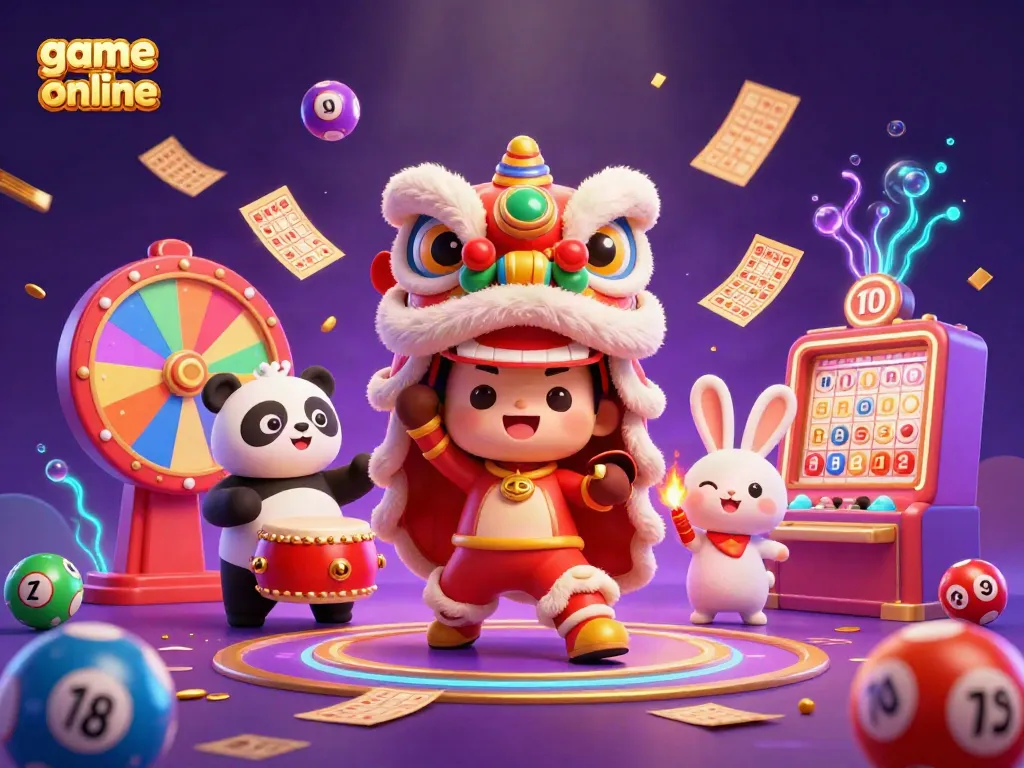 Engage with vibrant festivities in a casino scene, showcasing a lion dance and game online elements.