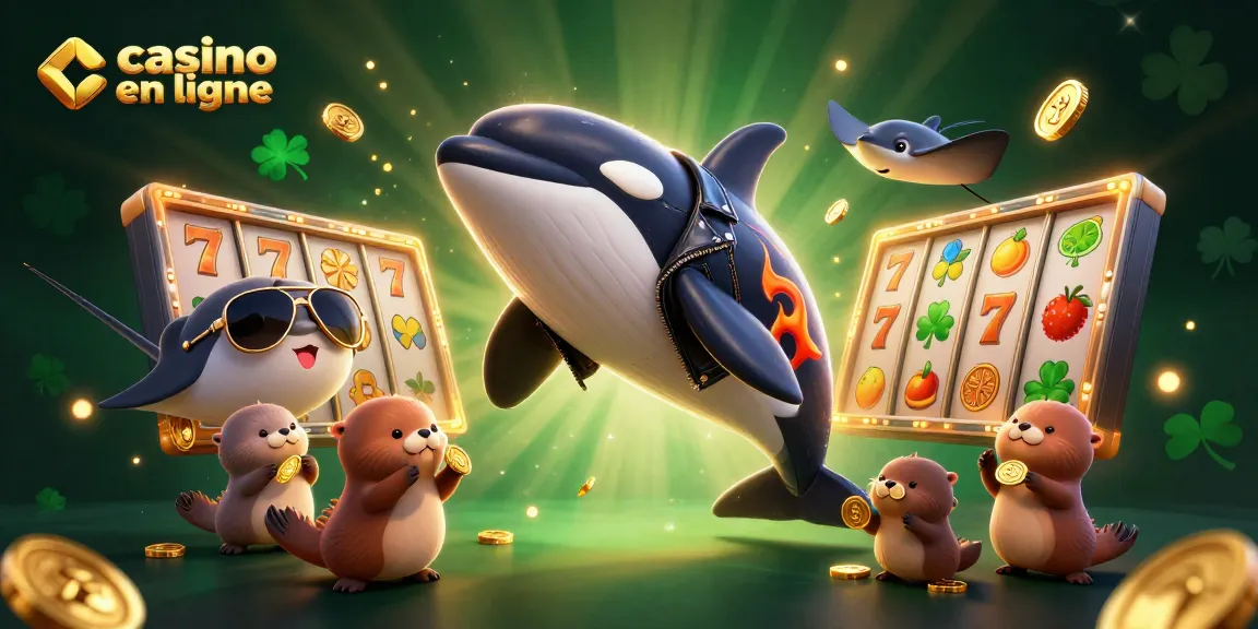 Jeux captivants et pièces d'or au casino en ligne avec une baleine orque et des animaux marins.