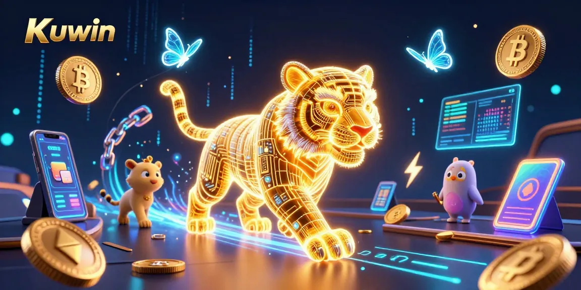 Experience Kuwin's vibrant 3D casino scene with a golden tiger and crypto elements lighting up the digital gambling world.