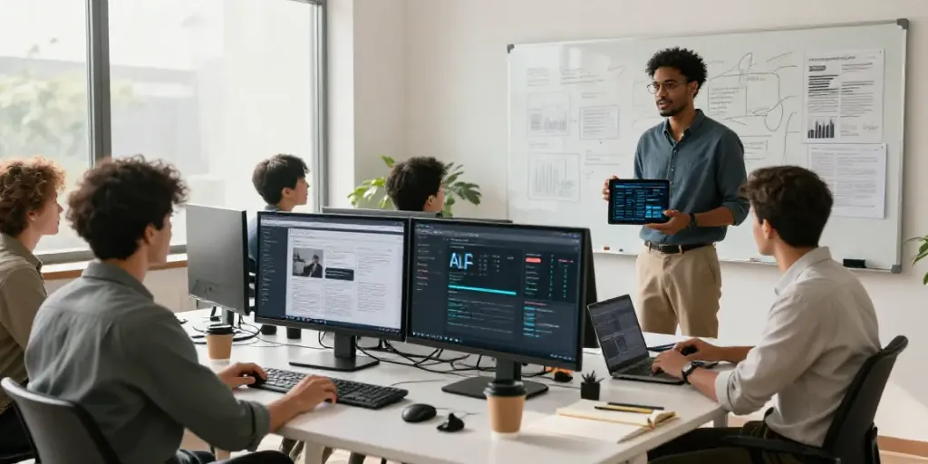 Journalists engaging in AI generated opinion articles in a modern newsroom environment.