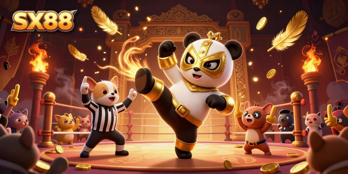 SX88 casino illustration featuring a panda wrestler kicking, a chihuahua referee, and animal fans cheering.