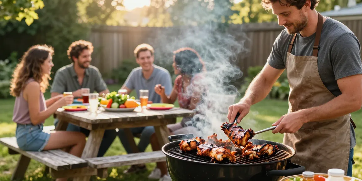 Pengaturan barbeku di halaman belakang dengan BOS 88 sebagai bumbu utama pada daging panggang.