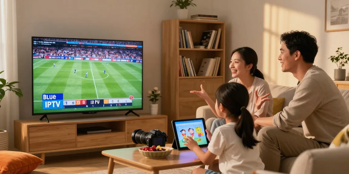 Family enjoying streaming sports and cartoons with Blue Shark IPTV on a smart TV in a cozy living room.