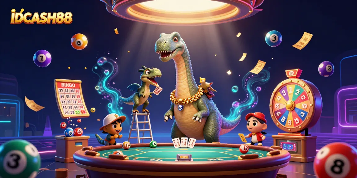 IDCASH88 captures a vibrant casino scene with a dinosaur dealer and dynamic game elements flooding the atmosphere.