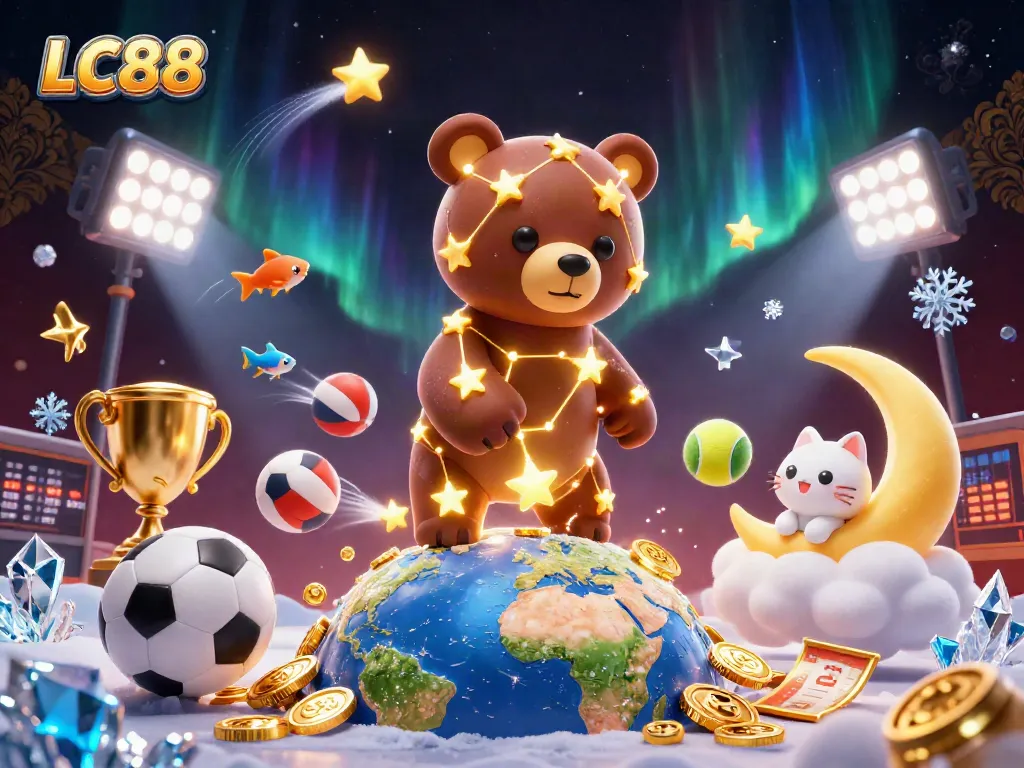 LC88 constellation bear scoops coins as vibrant sports elements fly around in dynamic casino scene.