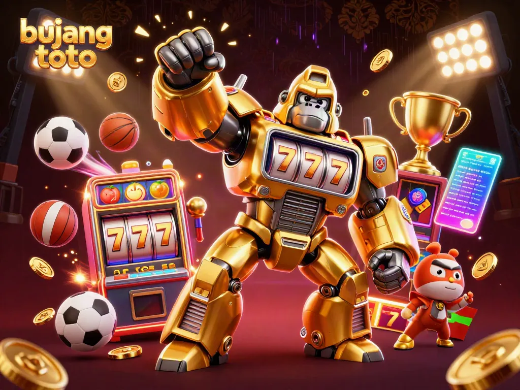 Experience the excitement of bujang toto with a dynamic scene featuring a golden gorilla mech from slot machines surrounded by sports elements.