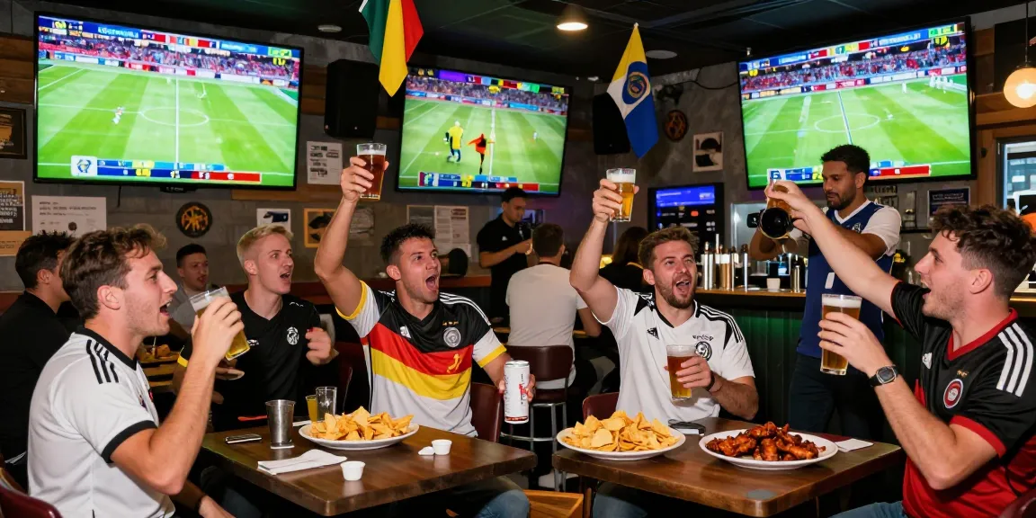 Excited fans enjoying thefappening match between Germany and Curaçao in a lively sports bar atmosphere.