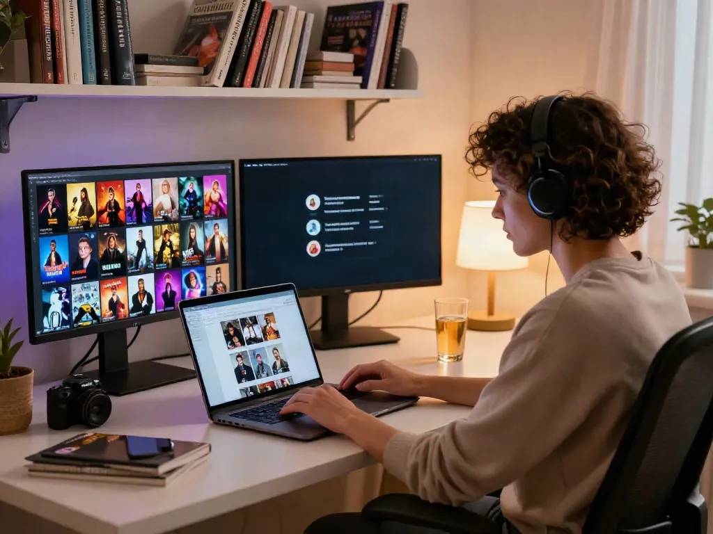 Personalized workspace displaying hornyleak adult content on a laptop screen in a cozy setting.