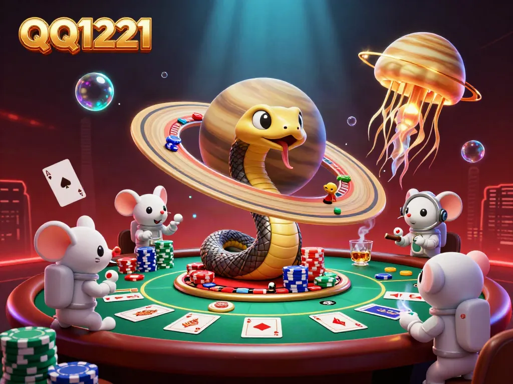 Engage in QQ1221 gaming with dynamic cosmic characters at a roulette wheel, showcasing excitement.