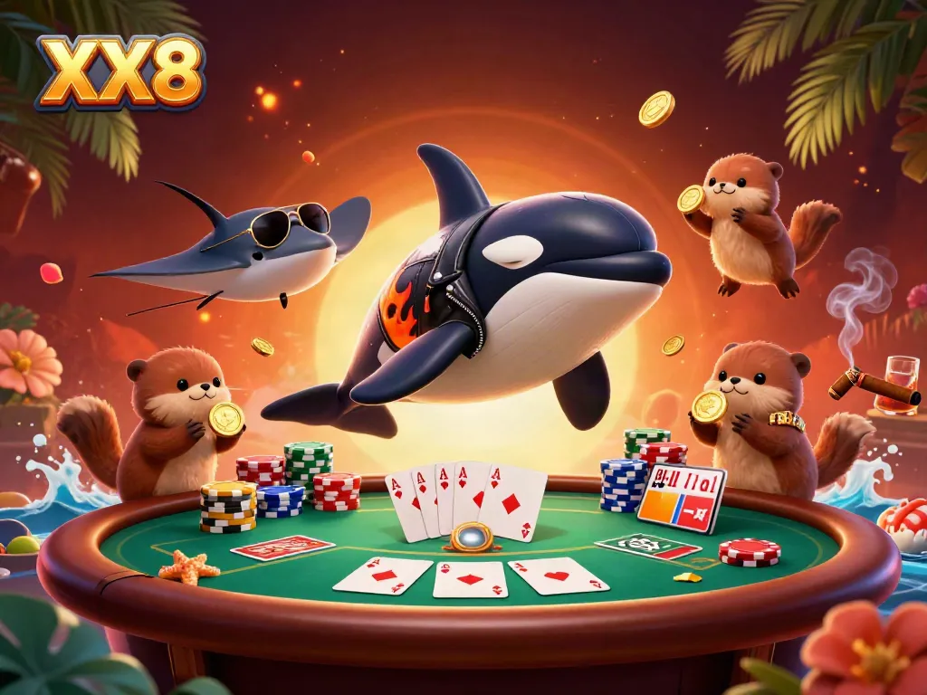 Join the action with XX8 as a whale, stingray, and otters enjoy a poker game amidst a vibrant casino scene.