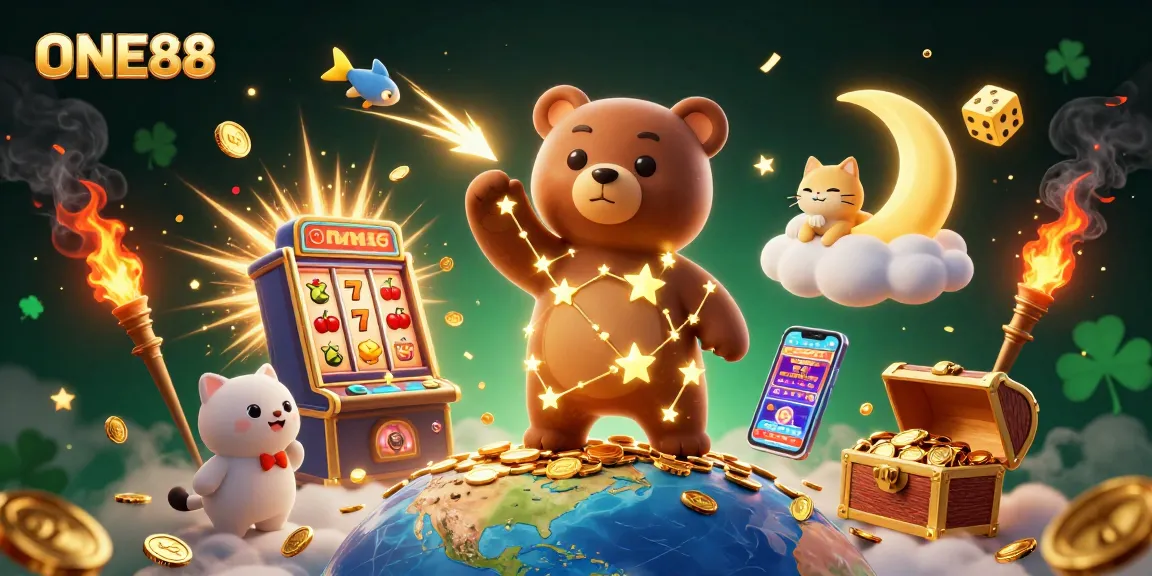 ONE88 illuminates the night with a constellation bear, jackpot slots, and vibrant casino elements.