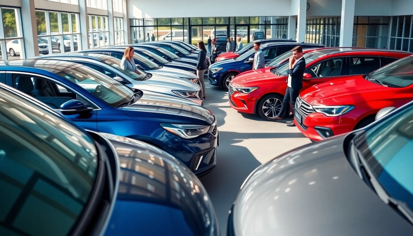 Buy New Car options displayed at a dealership with happy customers and vibrant vehicles.