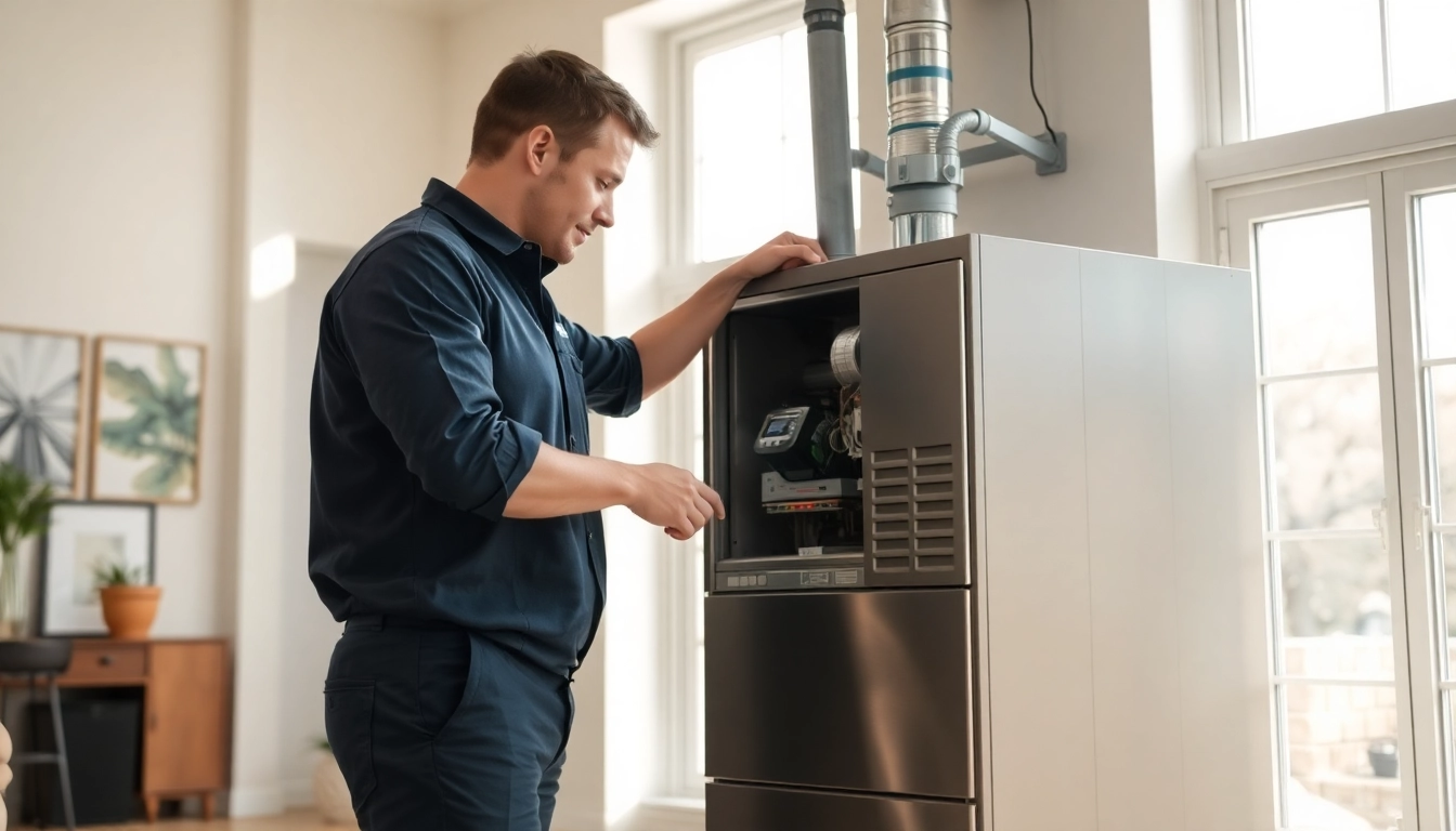 Installation of an american standard furnace Canada by a qualified technician in a bright home environment.