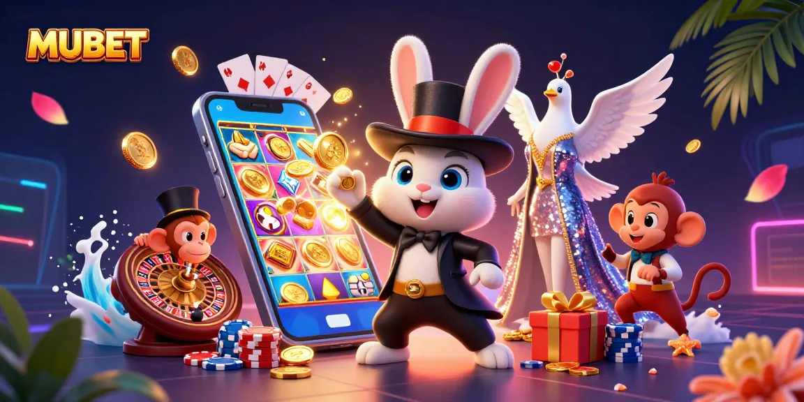 MUBET showcases 3D cartoon characters in a casino scene, spinning slot games and a magical atmosphere.