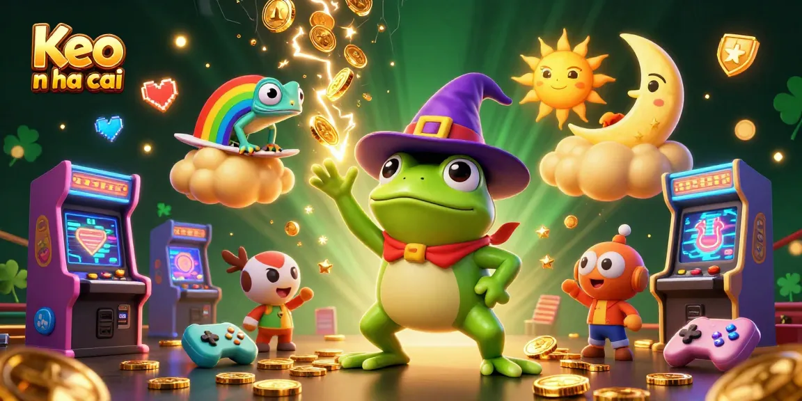 Experience Keo nha cai with dynamic golden coin storms and casino-themed characters in a vibrant illustration.