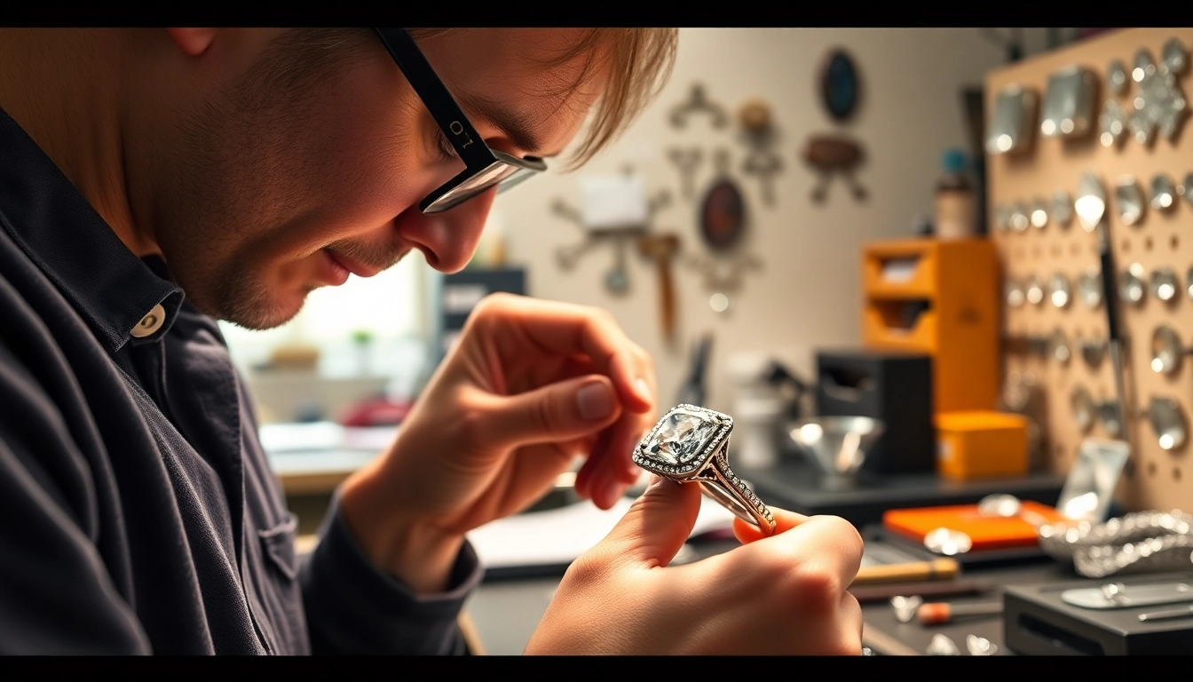 Craft a unique ring with beautiful Eternel Diamonds showcased in a professional jeweler's studio.