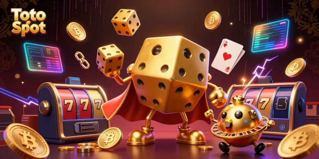 Menggulingkan dadu emas dan simbol jackpot pada Toto Slot dalam ilustrasi 3D yang menarik.