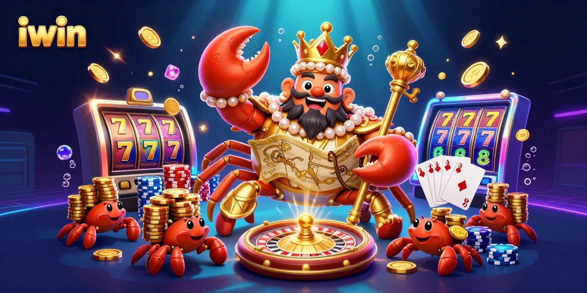 Engage with iwin's vibrant slots featuring a golden crab emperor amidst sparkling gems and flying coins.