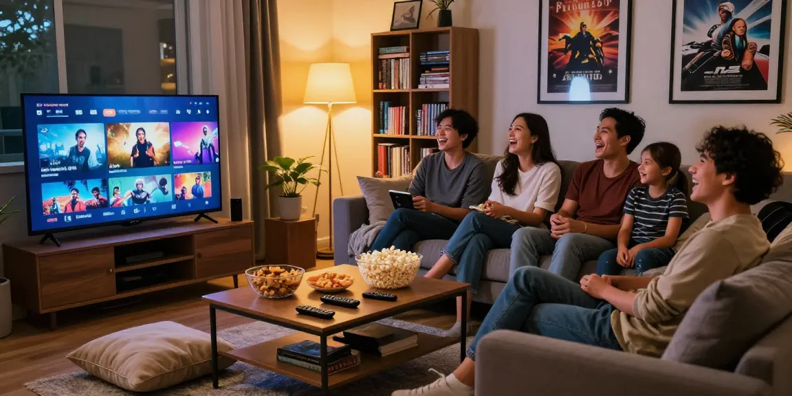 Friends enjoying a movie night with Dezpila streaming service in a cozy living room