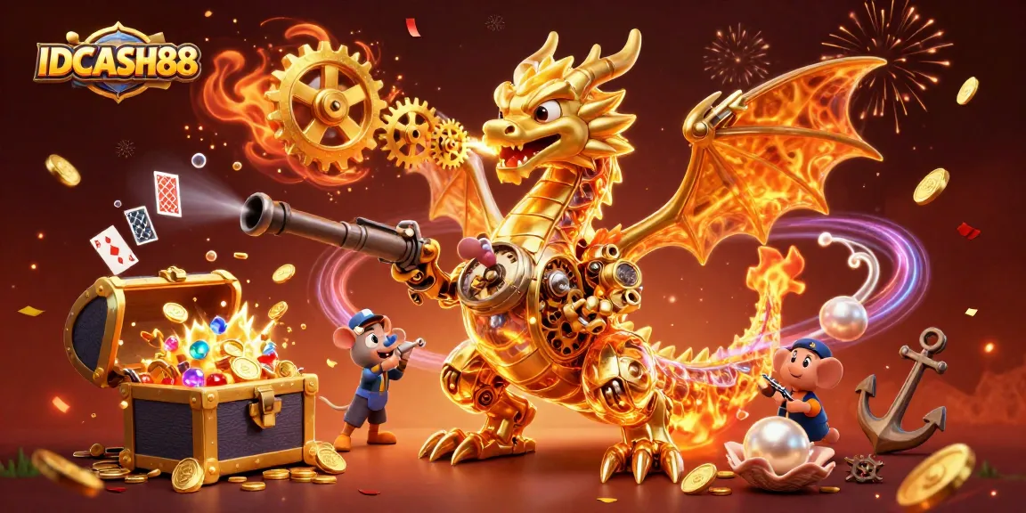 Experience IDCASH88's thrilling world with vibrant dragon animations and dynamic casino treasures.
