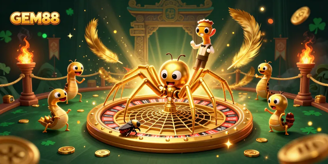 Experience thrilling gameplay at GEM88 with a golden spider and a roulette wheel in a vibrant casino scene.