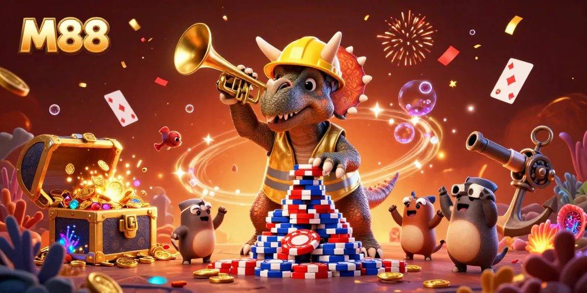 M88 engages players with a vibrant celebration of poker chips, gold coins, and festive elements.
