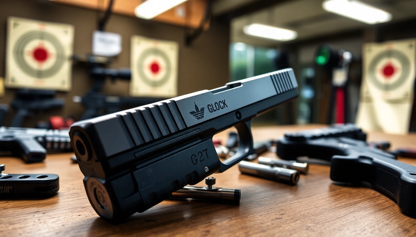 Showcasing glock 17 slides on a shooting range with detailed craftsmanship and accessories.