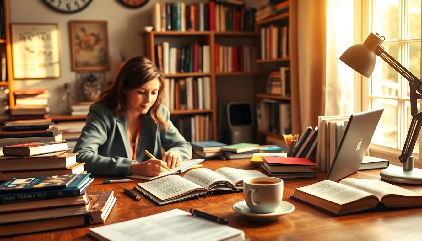 Self publisher working in a cozy home office, surrounded by books and creative tools.