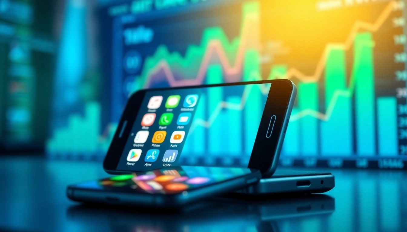 Visual representation of app store rankings with a smartphone and charts highlighting trends.