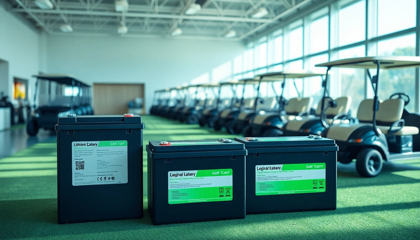 Showcasing lightweight lithium golf cart batteries highlighting their design and benefits in a bright showroom.