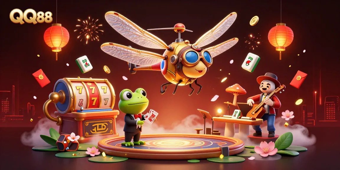 Engage in the excitement of QQ88 with this vibrant casino scene featuring flying slot reels and lively characters.