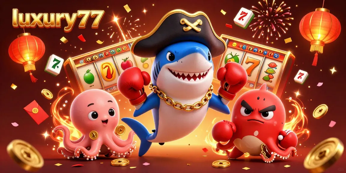 Play exciting games on luxury777 with vibrant illustrations of a pirate shark, pufferfish, and octopus!