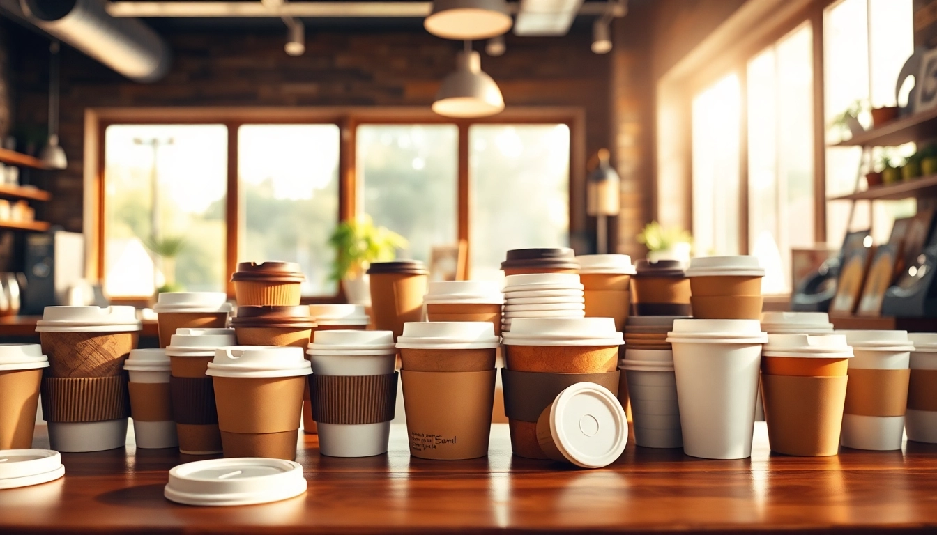 Showcasing disposable coffee cups arranged beautifully in a cozy coffee shop setting.