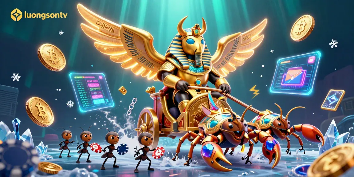 Experience thrilling action on luongsontv with a vibrant 3D scene featuring a golden scarab and gambling elements.