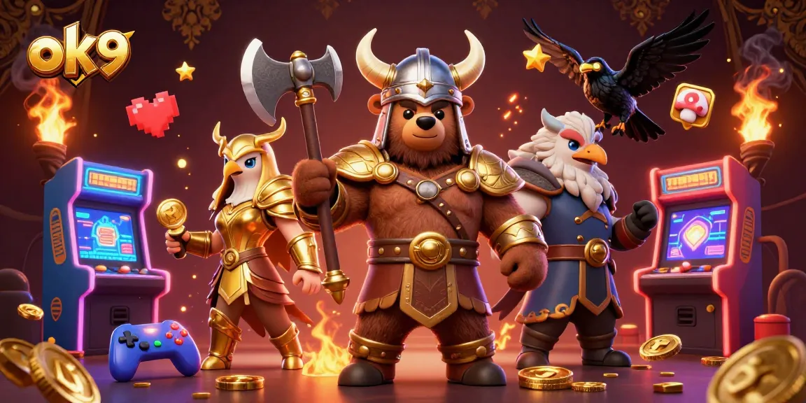 Entice players at ok9 with a captivating 3D Viking and Valkyrie-themed casino illustration featuring game elements